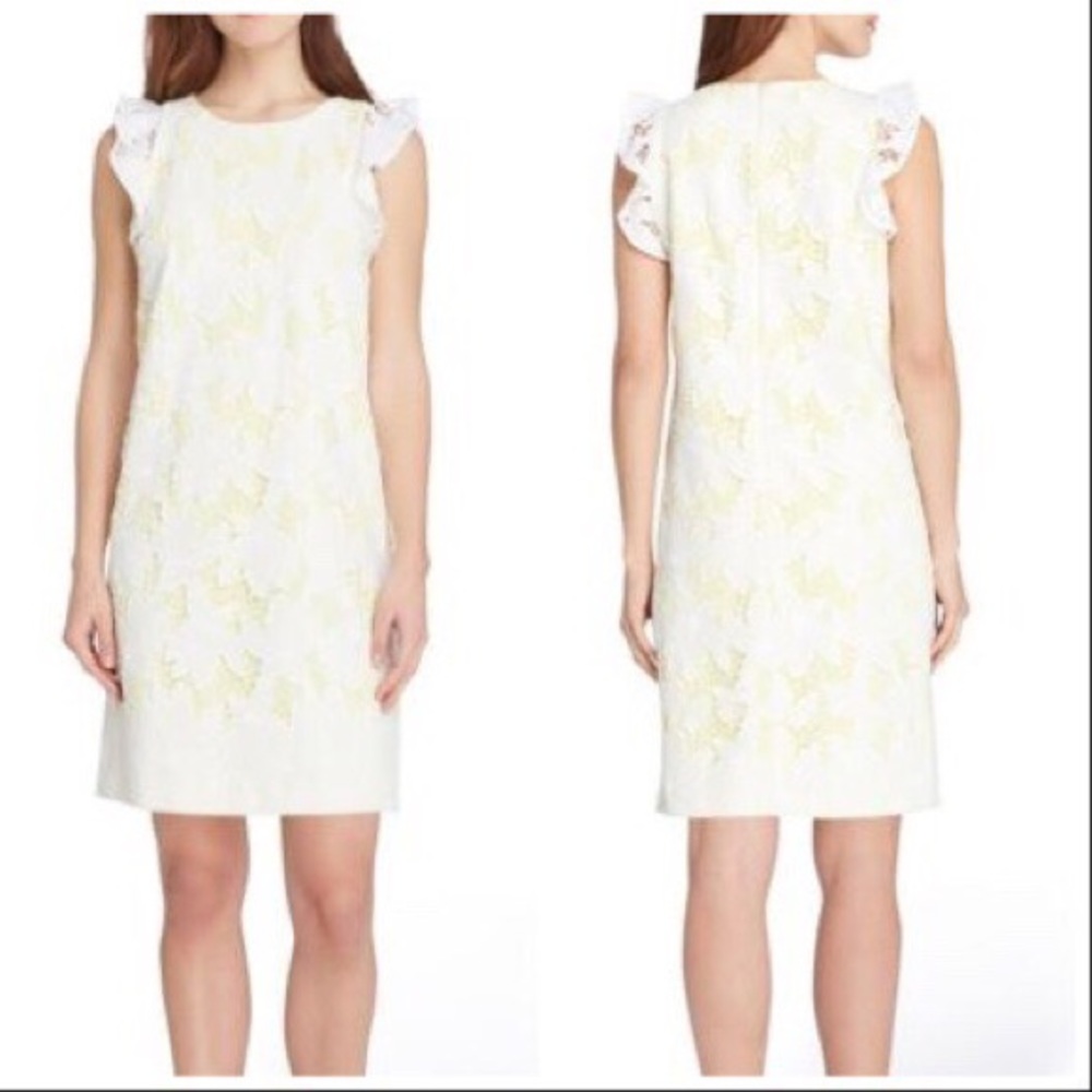 Tahari Yellow and White Ruffle Sleeve Sheath